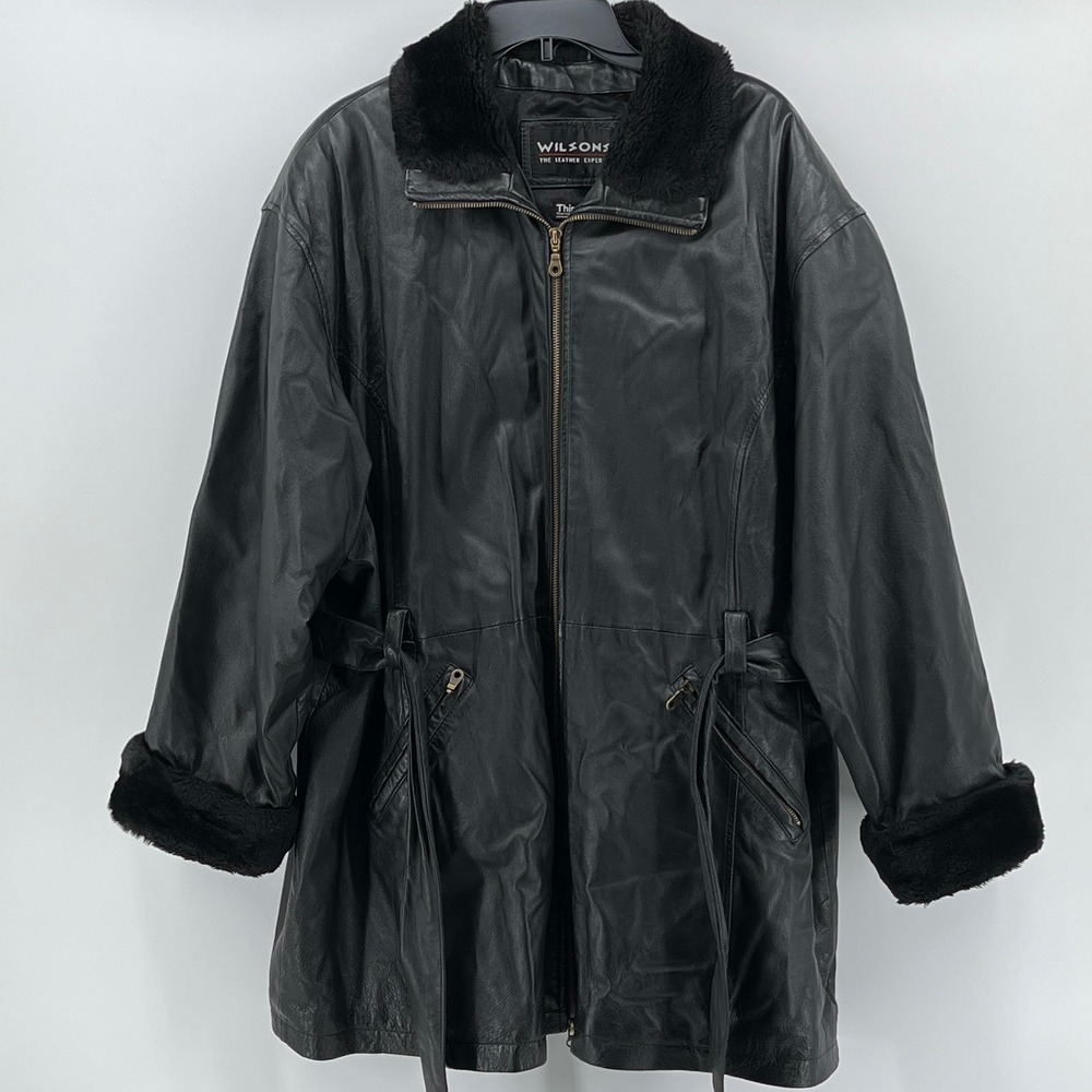 Vintage Wilsons Leather Thinsulate Jacket Faux Fur Trim Black 2XL 22W 24W
